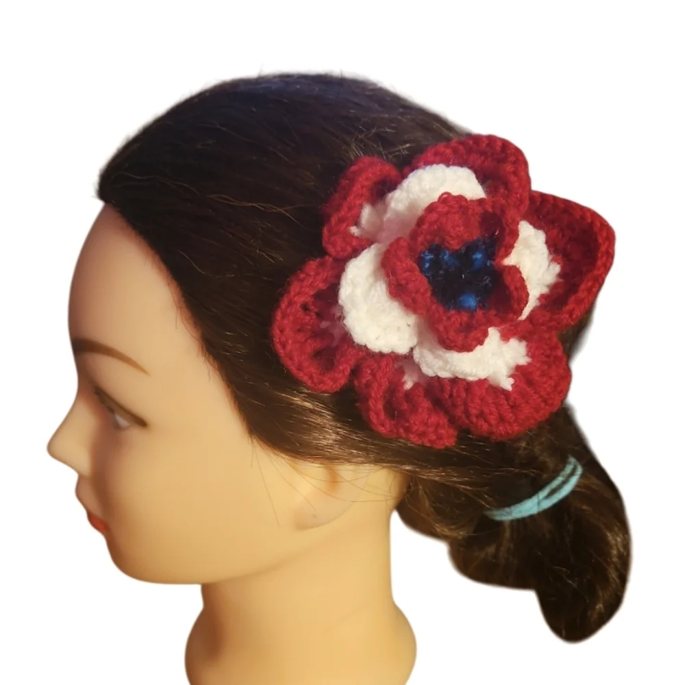 Handcrafted Red and White Floral Hair Clip Crochet Knit Patriotic Hair Accesory